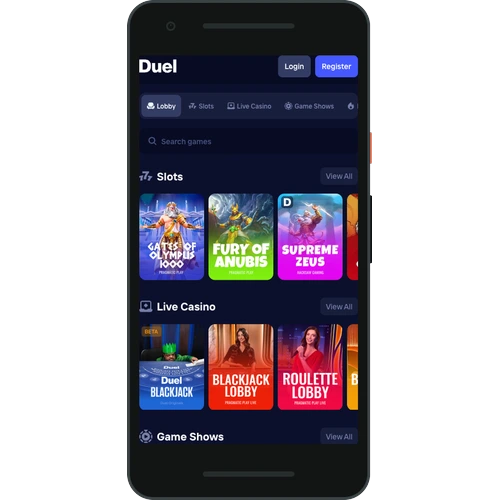 DuelCasino mobile app game lobby